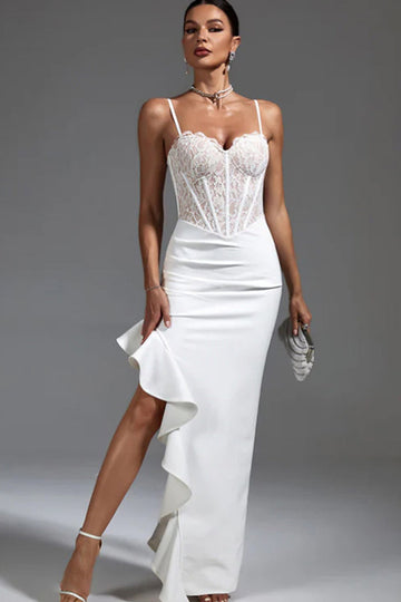White Sheath Corset Ruffled Long Formal Dress with Lace